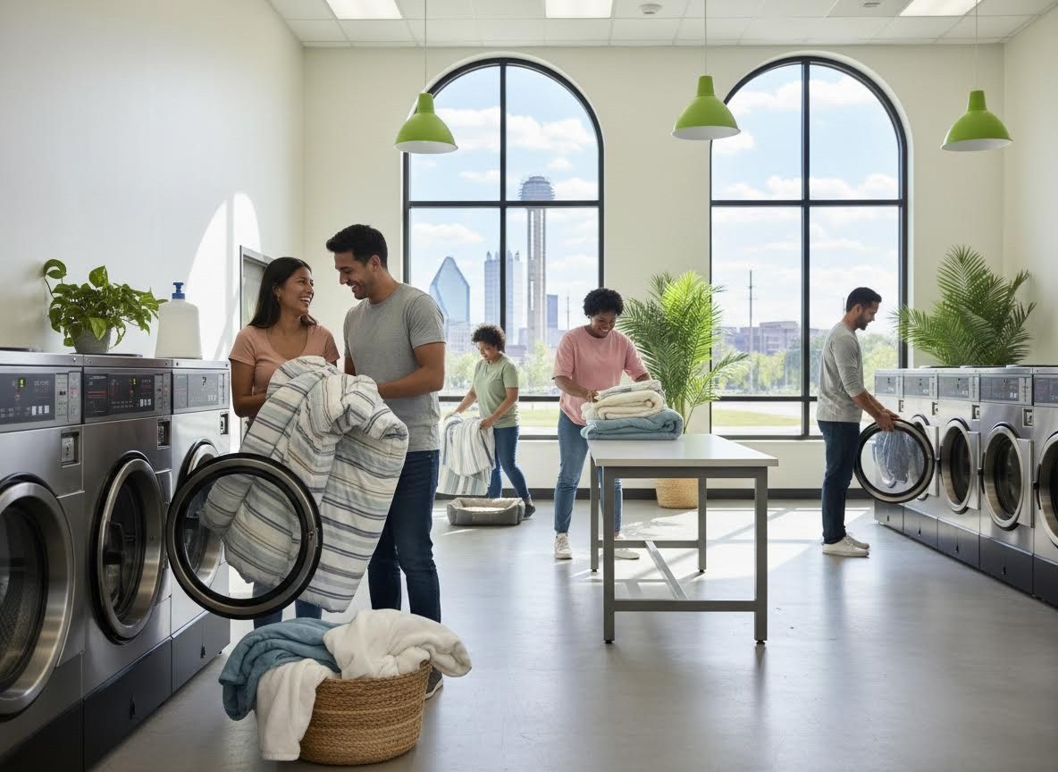 People doing laundry in a modern laundromat