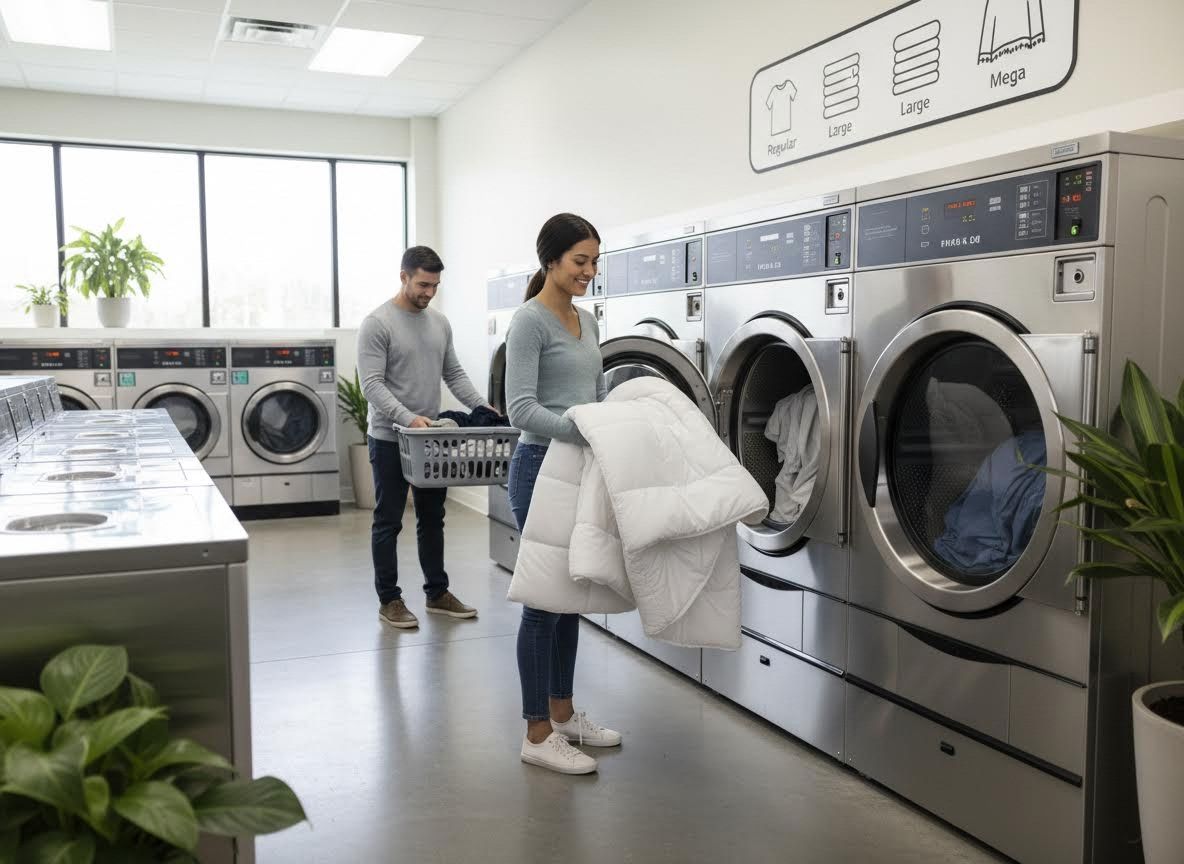 Couple doing laundry at a modern self-service laundromat