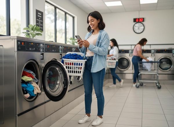 Young Woman Using Phone in Modern Laundromat