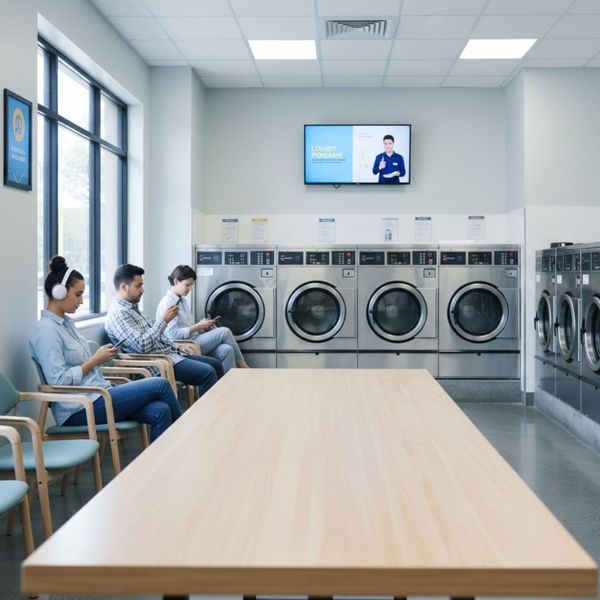 Customers relax in a modern, clean laundromat while laundry machines are running in the background.