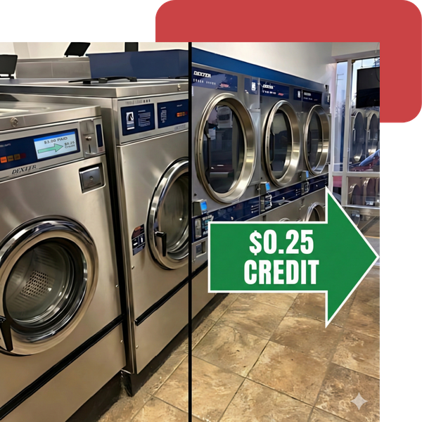 A split image showing a washer payment and a dryer display, with a graphic arrow indicating a "$0.25 Credit" moving from the washer to the dryer to explain the credit system.
