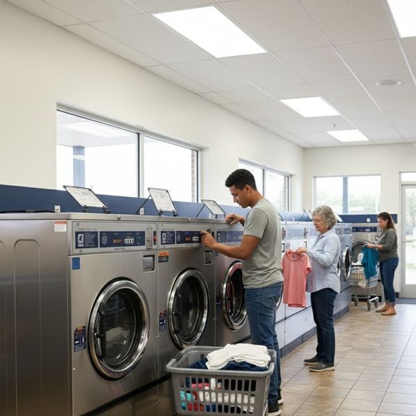 Customers interact with a row of large, modern washing machines in a bright laundromat with large windows.