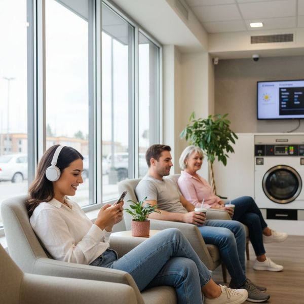 Diverse customers relaxing in a comfortable seating area of a laundromat, one person using a smartphone.