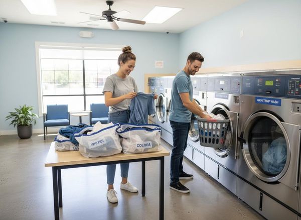 Couple doing laundry in a modern laundromat