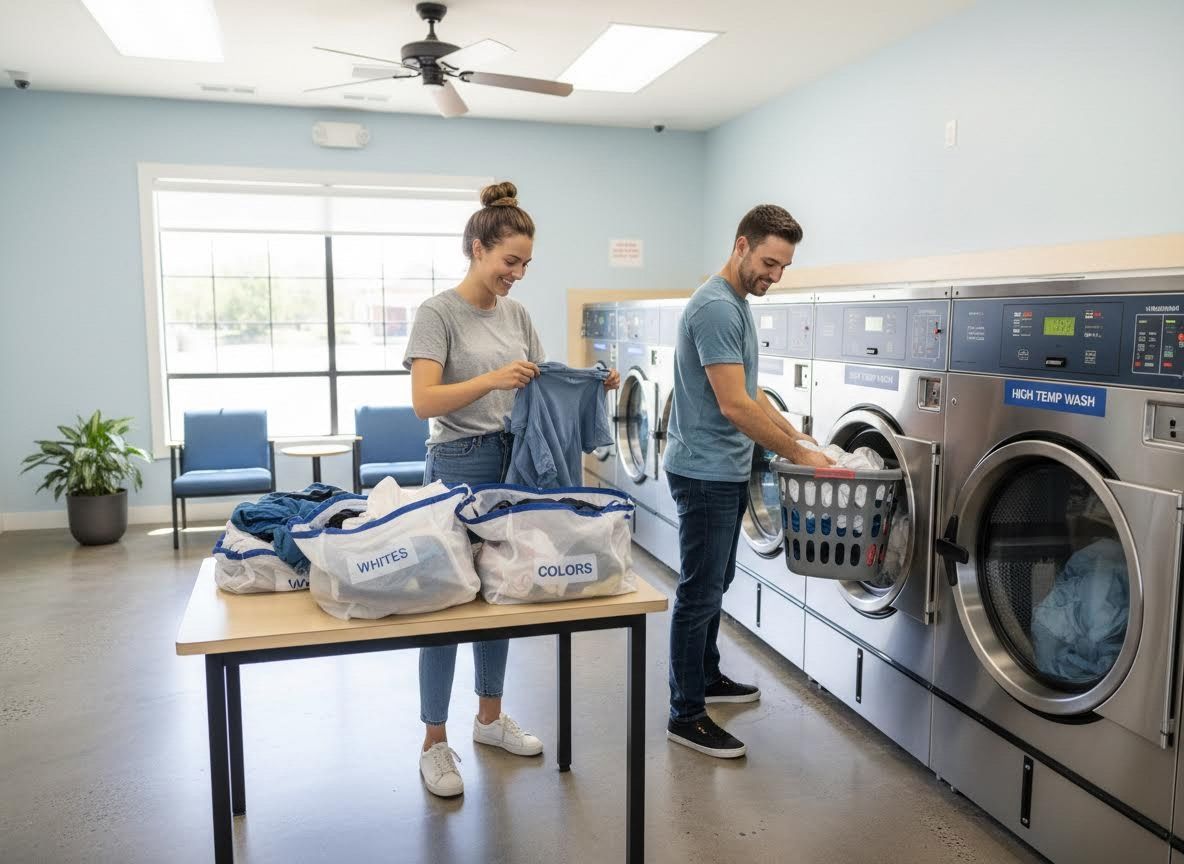 Couple doing laundry in a modern laundromat