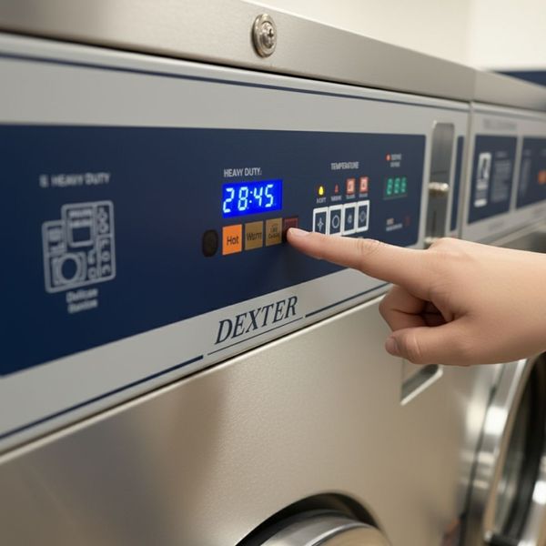 A person's finger presses a button on the digital control panel of a Dexter washing machine, showing cycle time and temperature settings.