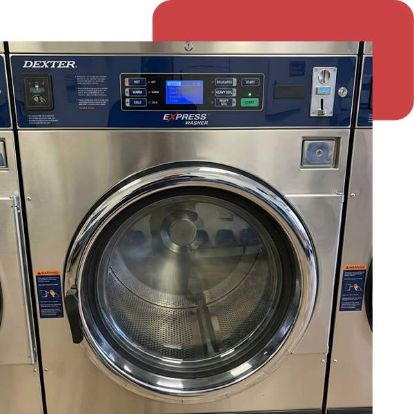 A close-up detailed shot of a high-efficiency washer drum and digital display panel, highlighting the modern settings and large capacity capabilities of the equipment.