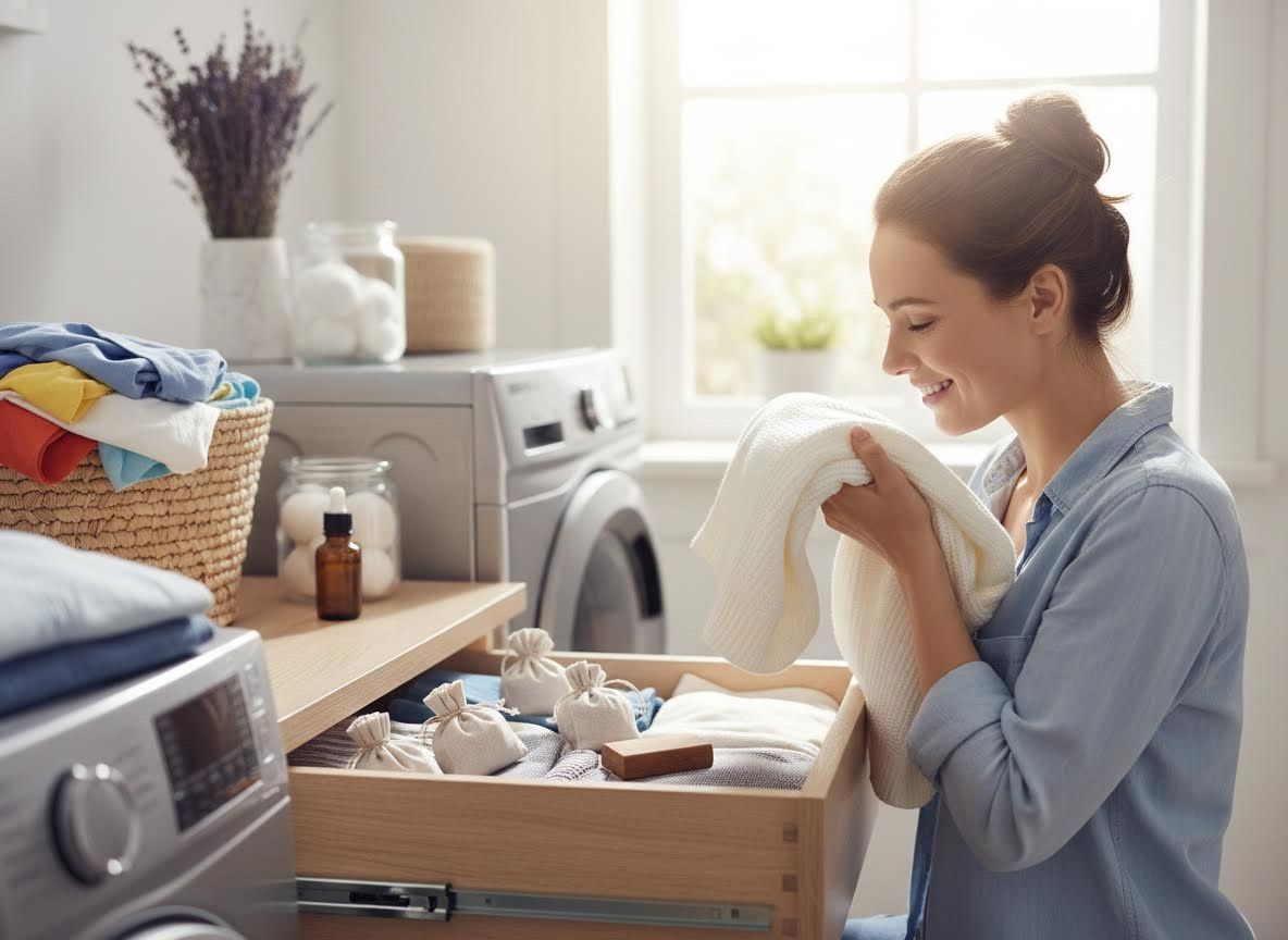Smiling woman smelling fresh laundry in a bright utility room