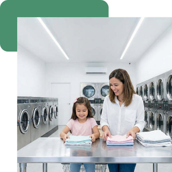 A mother and daughter folding clothes inside a clean, brightly lit Roberto's Lavanderia with modern washing machines.
