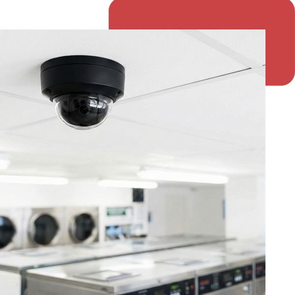 A close-up view of a dome-style 360-degree security camera mounted on the ceiling inside Roberto's Lavanderia.