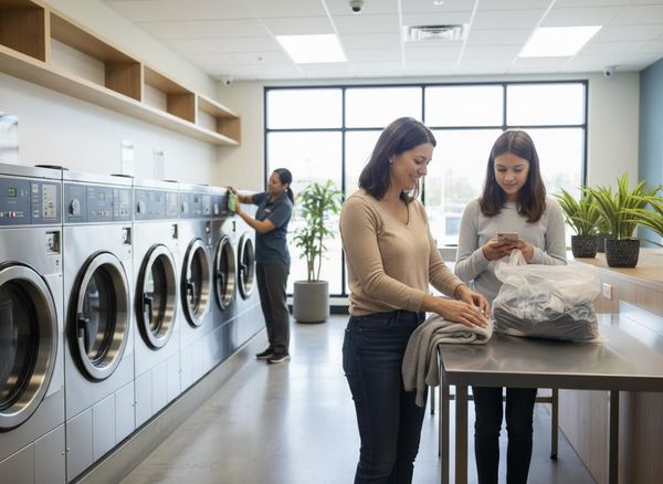 A woman folds laundry at a table, her daughter uses a phone. An attendant cleans washing machines in a bright laundromat. Family and attendant in a modern laundromat