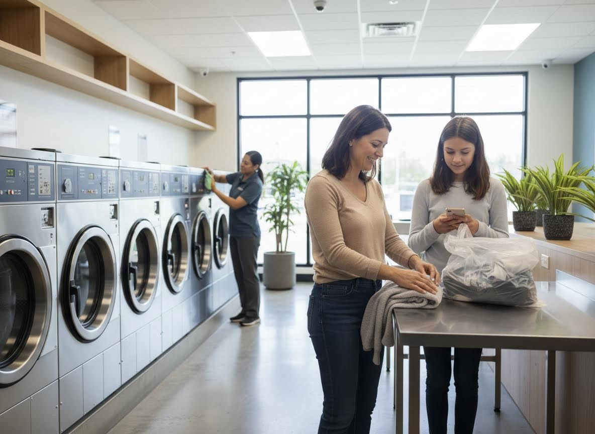 Family and attendant in a modern laundromat