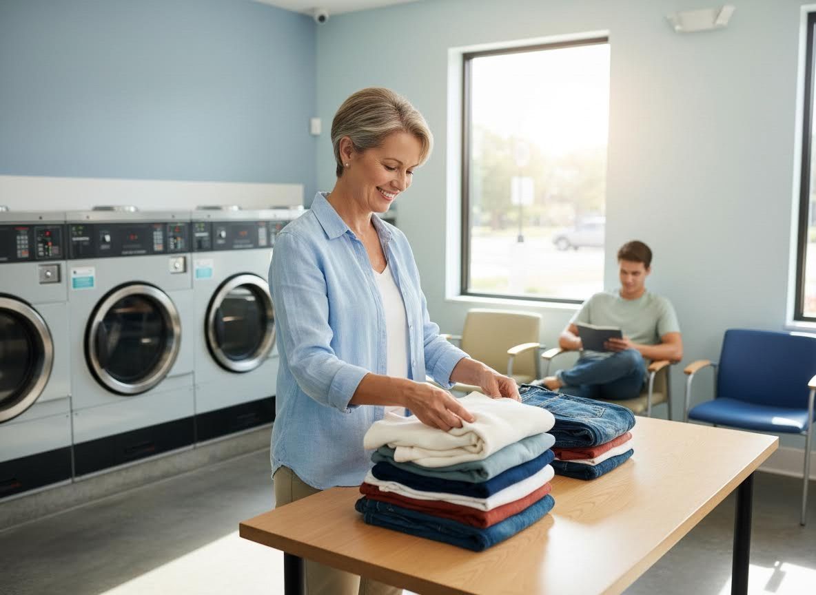 Woman folding clothes in a laundromat