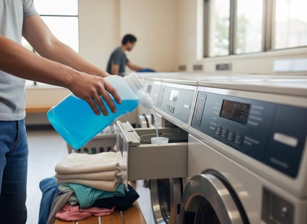 A person's hands pour blue laundry detergent into a washing machine's dispenser drawer. Folded clothes are on a bench, and another person does laundry nearby. Person pouring laundry detergent into a washing machine
