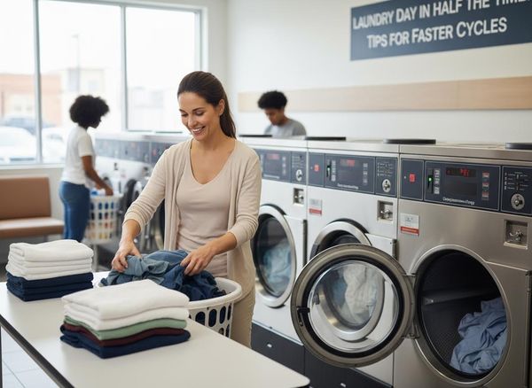 Woman doing laundry at a busy laundromat