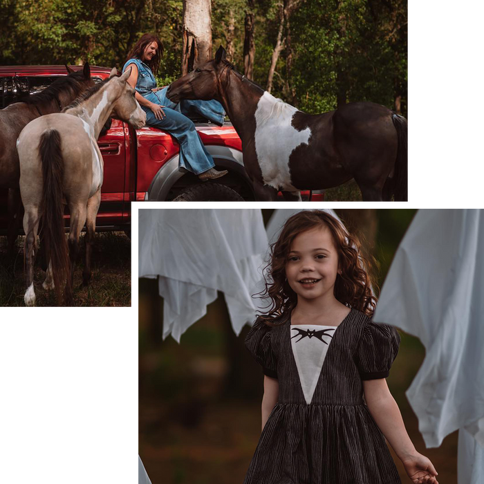 woman with horses and little girl