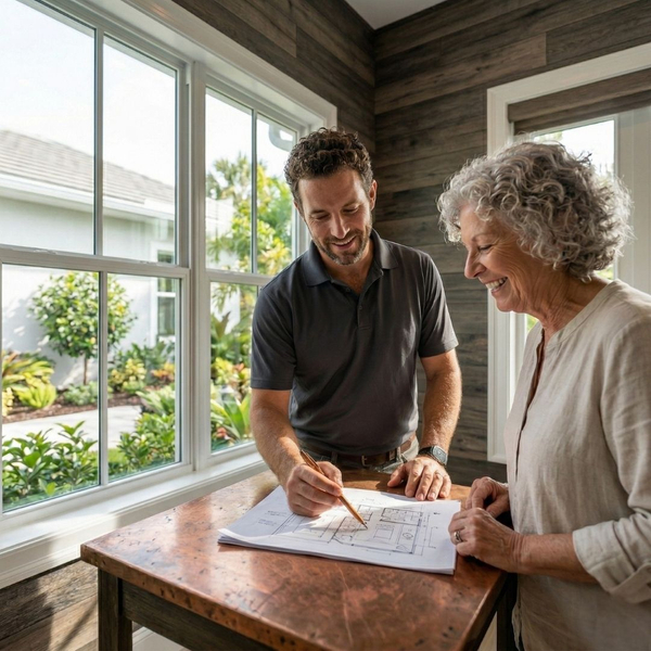 Two architects, wearing hard hats, collaborate, one holding a tablet and both examining a set of building plans on a wooden work table.
