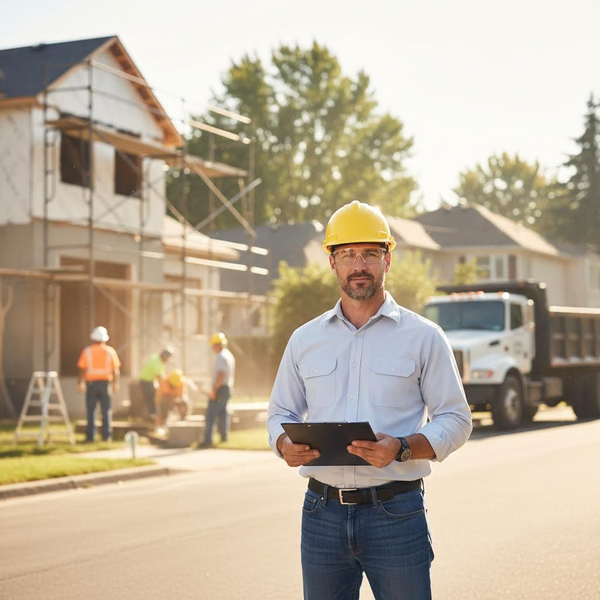 A professional project manager holding a clipboard, standing confidently in front of an active home renovation site in a sunny residential neighborhood