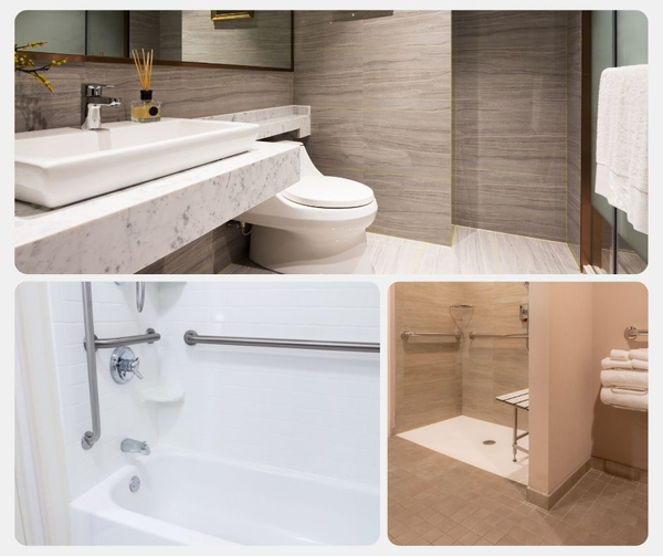 A collage of a modern vanity with a vessel sink, toilet, and striped gray tiles. The bottom left shows a white bathtub with grab bars and a showerhead. The bottom right shows an accessible roll-in shower with a folding bench and grab bars.