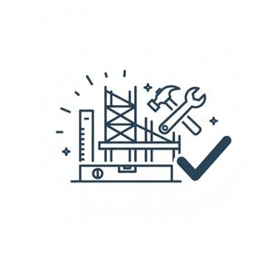 icon in dark blue representing construction quality. It features a building framework under construction, with a level, a hammer, a wrench, sparkles, and a large checkmark