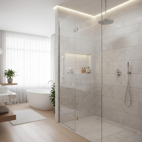 A newly finished, high-end bathroom oasis. Focus on a spacious walk-in shower with moisture-resistant natural stone tile and a sleek rainfall showerhead.