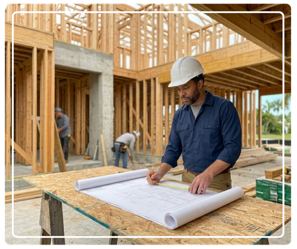 A professional construction manager in a hard hat reviewing architectural blueprints at an active residential framing job site.