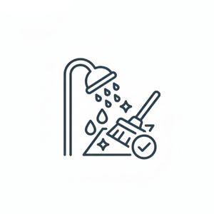 icon depicting a showerhead with water droplets, a broom sweeping a sparkling surface