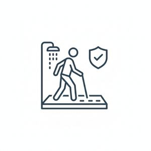 icon showing a person with a cane entering a shower, with a shield and checkmark symbol next to it