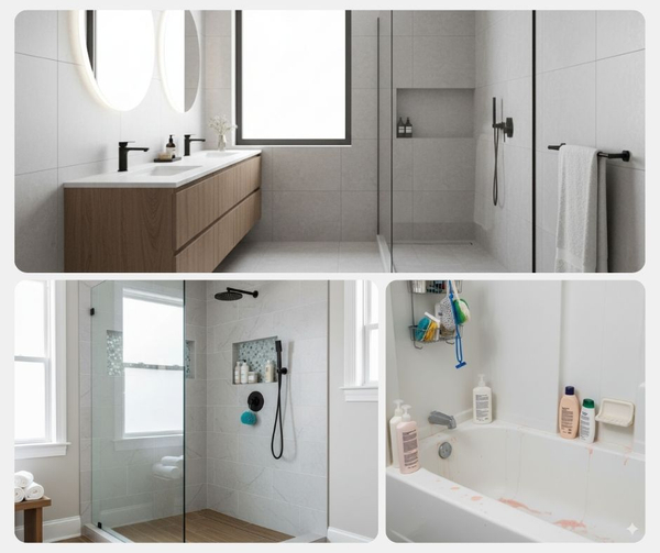 A double vanity with light wood cabinets, round mirrors, and a clean walk-in shower with black fixtures. Bottom Left: A spacious, bright walk-in shower with light gray tile and wood-look flooring, showing the visual space increase. Bottom Right: A cluttere