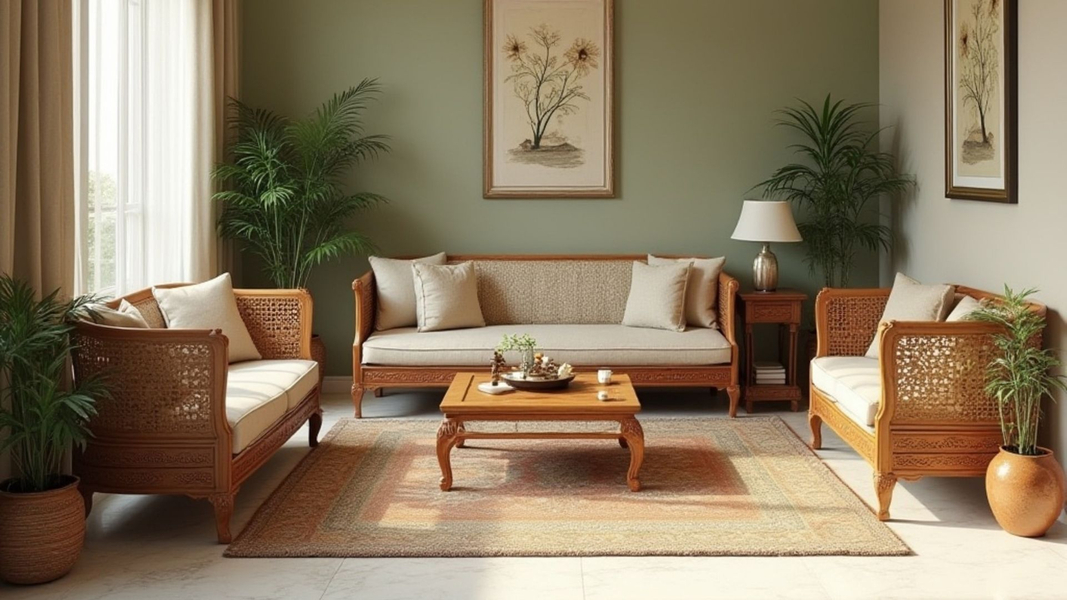 green living room with cozy wood furniture