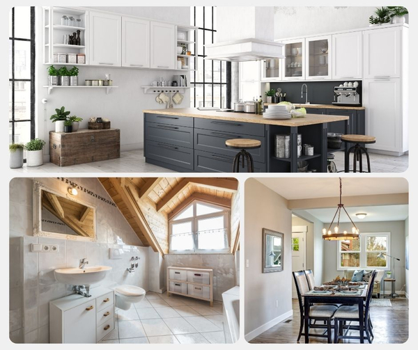 A collage showcasing modern kitchen, bathroom, and dining room renovations in St. Petersburg.