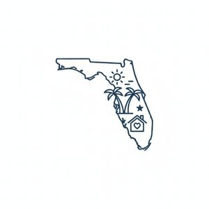 icon in dark blue outlining the state of Florida, with symbols of the sun, palm trees, a beach, and a house