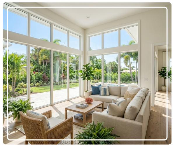 A bright, sunlit coastal-style living room with large floor-to-ceiling glass windows showing tropical palm trees outside.