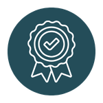 A circular teal icon with a white line drawing of a scalloped award rosette featuring a checkmark.