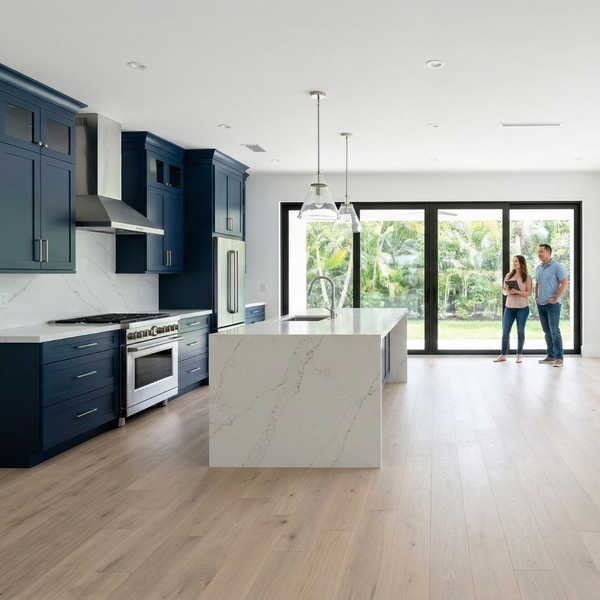 A modern kitchen and dining area features deep, navy blue cabinetry and dark wood floors, looking out onto a bright backyard with palm trees through large glass doors.