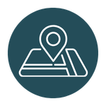 A circular teal icon with a white line drawing of a map and a location pin marker.