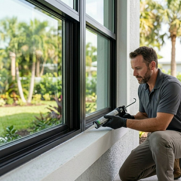 A close-up photograph shows a man kneeling and applying a fine bead of caulking to a windowsill with a standard caulk gun and tube.