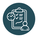 A circular teal icon with a white line drawing of a clipboard checklist, a person, and a clock.