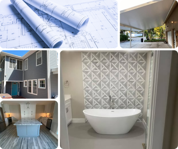 collage of home remodeling images with blueprints 