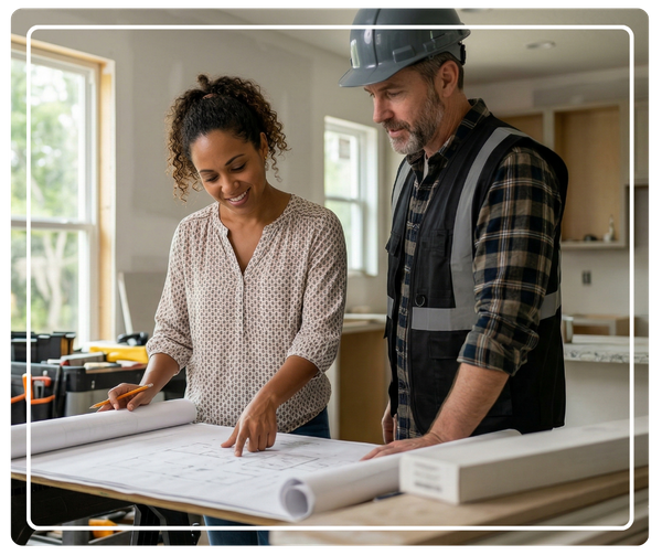 Professional general contractor in Pinellas Park, FL reviewing architectural blueprints with a homeowner during a custom residential construction project.
