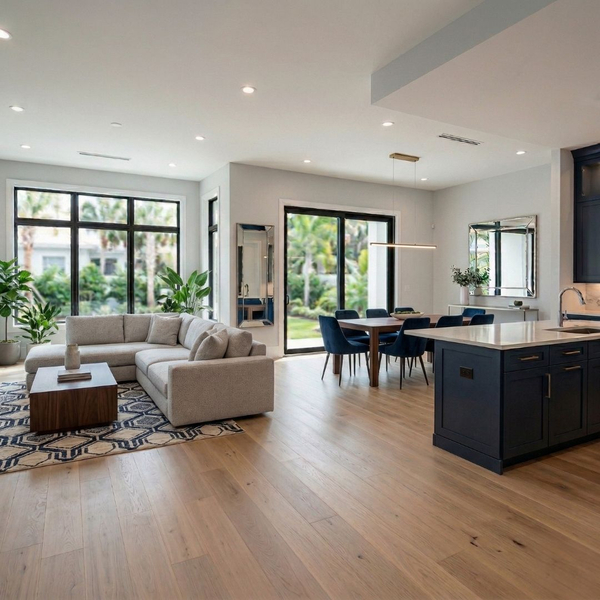 A spacious, L-shaped living area includes a comfortable, gray sectional sofa and a sleek coffee table, with direct access to an outdoor dining spot.