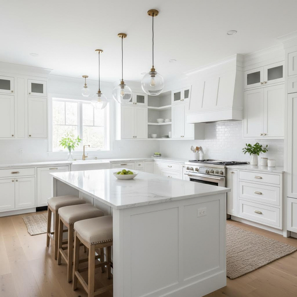 A pristine custom kitchen remodel featuring crisp white shaker cabinets, a large quartz island, and modern pendant lighting.