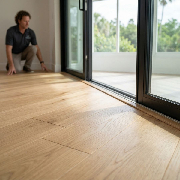 A close-up shot of polished, light oak wood floorboards highlights their natural grain, set next to large glass doors and an exterior deck.