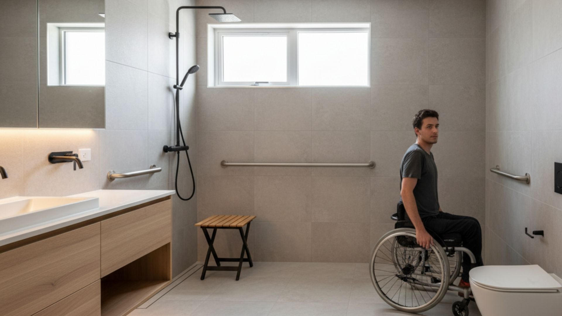 A modern, accessible bathroom featuring a young man in a wheelchair