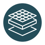 A circular teal icon with a white line drawing of three stacked geometric construction surfaces, the top layer featuring a grid pattern.