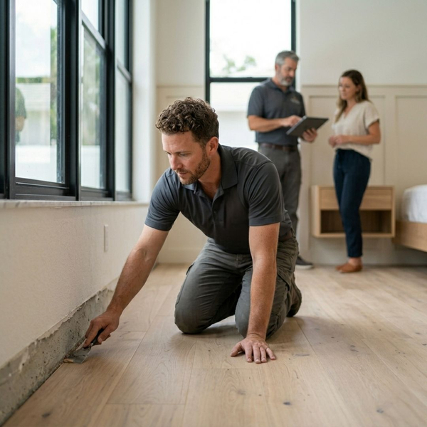 A contractor works in an unfinished interior room, kneeling on a natural wood floor and using a putty knife to clean the base of a cement ledge.