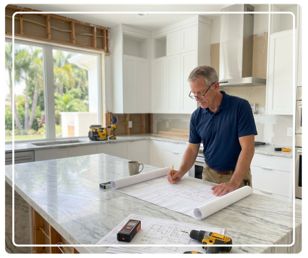 A contractor examining and marking blueprints on a large marble island during a luxury kitchen remodel in progress.