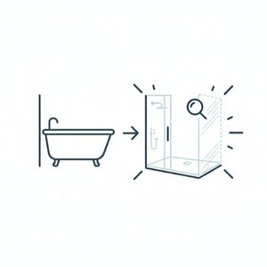 line art icon showing a visual progression from an old clawfoot bathtub to a new, spacious, walk-in shower
