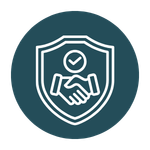 A circular teal icon with a white line drawing of a protective shield containing a handshake and a checkmark.