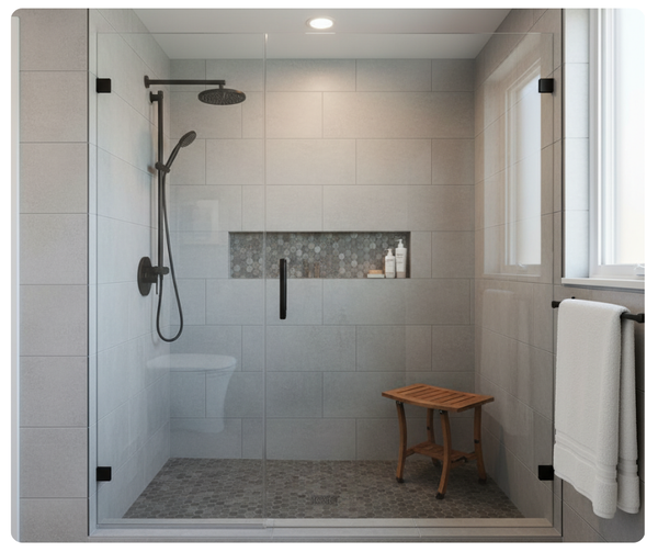 modern walk-in shower conversion with light gray rectangular wall tiles and a dark gray hexagon pebble floor. It features a frameless glass enclosure and black fixtures